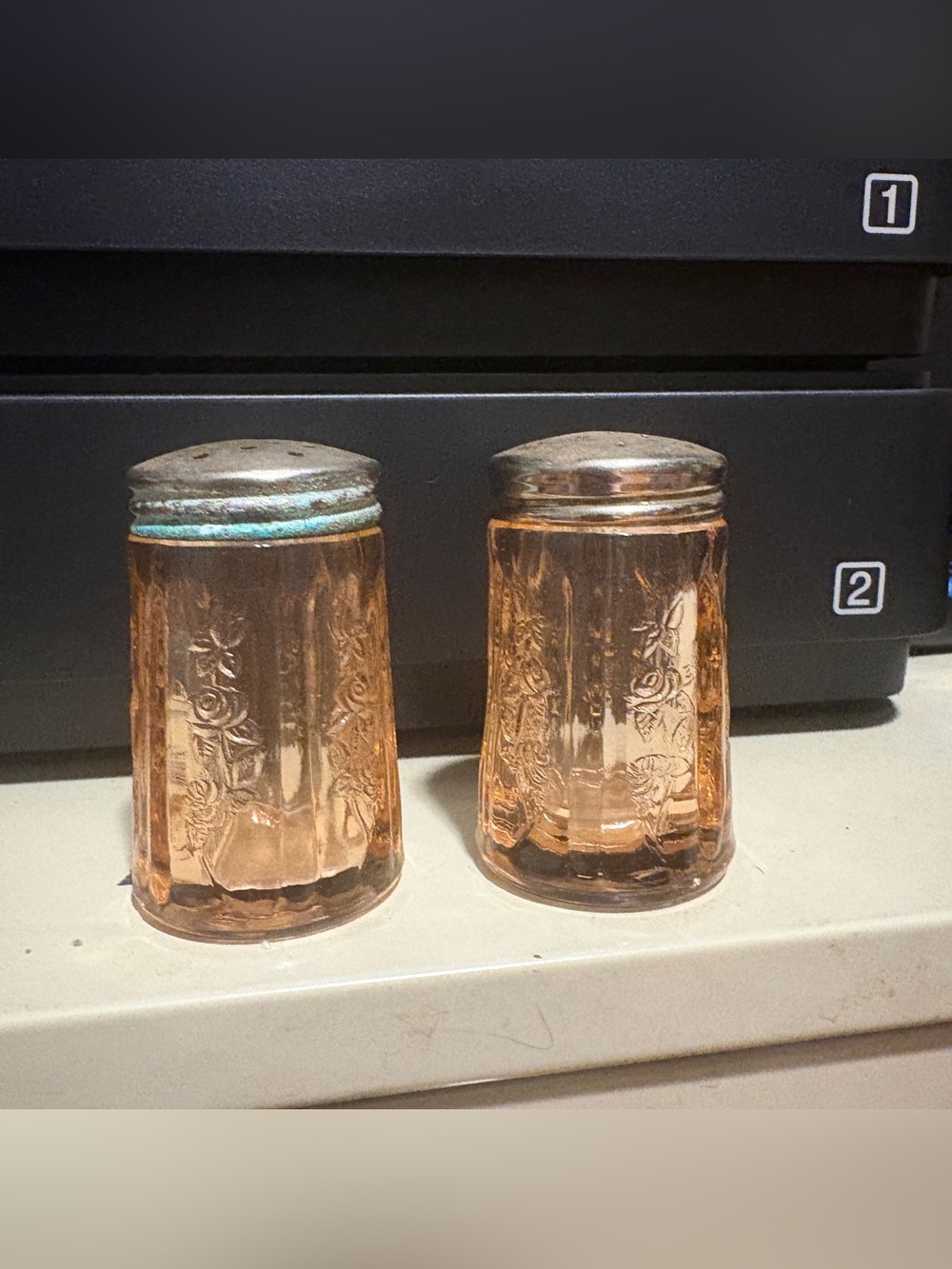 Vintage Pink Depression Embossed Glass Salt & Pepper Shakers with Floral Motif